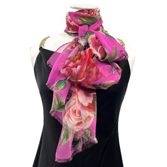 Dolce & Gabbana Floral Rose printed luxury lightweight silk scarf Pink - Picture 5 of 10
